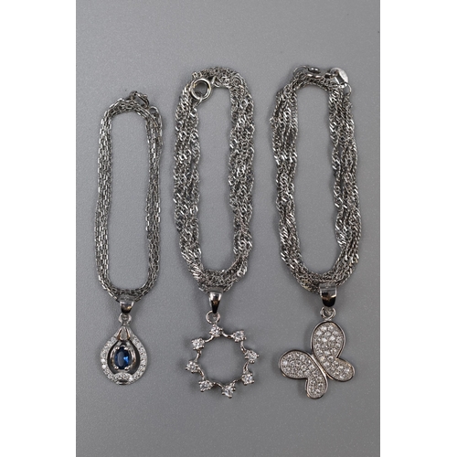 16 - Three Silver 925 Diamate Necklaces, includes Blue Stoned Design, Butterfly and Sun Design