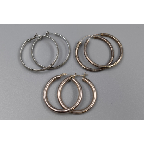 32 - Three Pairs of Large Silver 925 Hoop Earrings