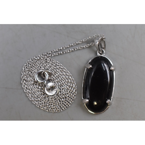 42 - Silver 925 Oval Black Stone Pendant on Silver 925 Chain. Complete in Presentation Box