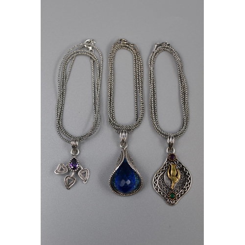 50 - Three Silver 925 Pendant Necklaces, with Various Stone Designs