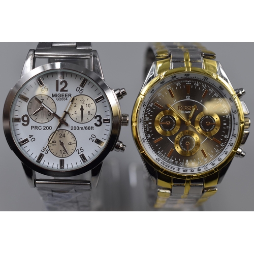 81 - Two New Gents Quartz Watches by Migeer and Rosra, with Stands