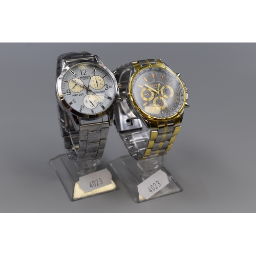 81 - Two New Gents Quartz Watches by Migeer and Rosra, with Stands