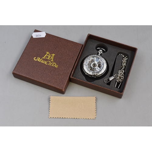 82 - Half hunter pocket watch with fob, opening front with visible mechanical movement, brand new boxed w... 