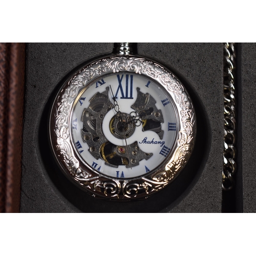 83 - Half hunter pocket watch with fob, opening front with visible mechanical movement, brand new boxed w... 