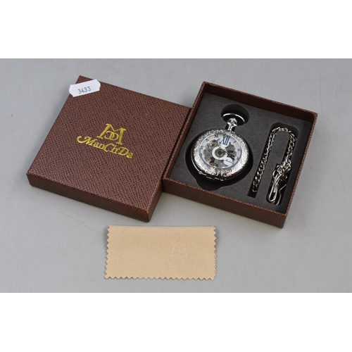 83 - Half hunter pocket watch with fob, opening front with visible mechanical movement, brand new boxed w... 