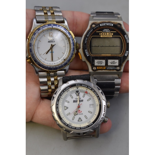 87 - Three Timex Indiglo Quartz Watches, Includes Reef Gear, Ironman Triathlon, And Other. All Untested