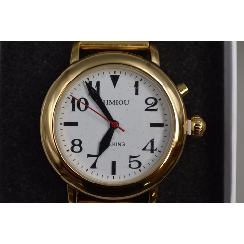 92 - SHMIOU, speaking watch for visually impaired people, in gold Stainless steel with expanding stainles... 