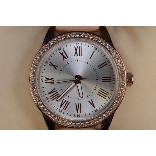 105 - Ladies Diamante Bezelle Watch with Leather Strap Complete with Box