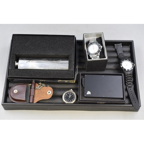 115 - Mixed Selection includes Two Watches, H Samuel Decanter in Box, Card Holder and a Pocket Watch in Ca... 