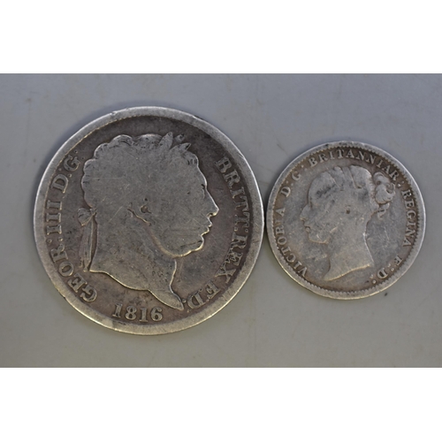 128 - Two Coins to include 1816 George III Silver Shilling & an 1884 Victoria Silver Three Pence Coin