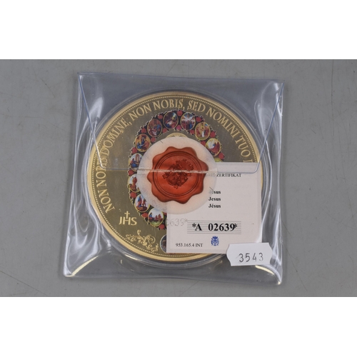 137 - 2015 Extra Large Gold Plated 100mm Proof Holy Trinity Coin with Certificate