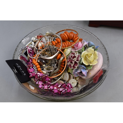 435 - A Large Selection of Costume Jewellery, In Jewellery Box and Glass Bowl