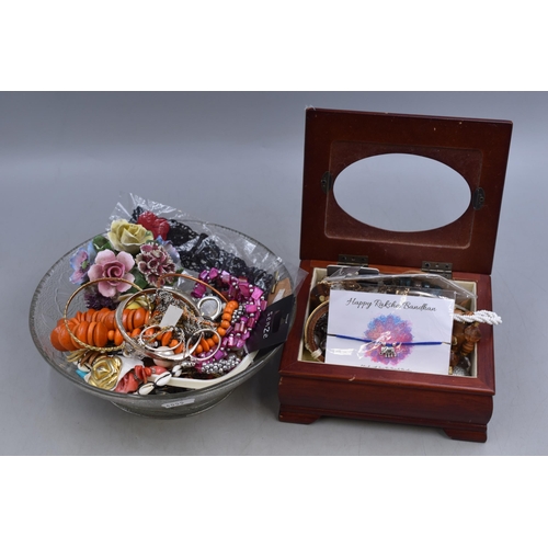 435 - A Large Selection of Costume Jewellery, In Jewellery Box and Glass Bowl