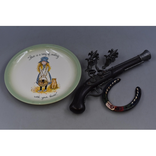 236 - Replica Flintlock Pistol, Barge Ware Horse Shoe, Holly Hobbie Plate and a Pair of Fleur De Lis