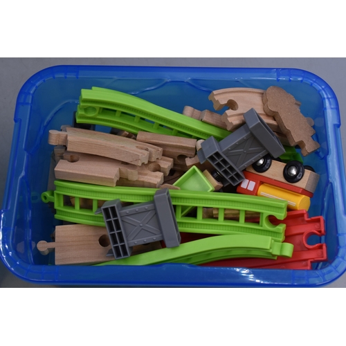 500 - Studio 60pcs wooden train set in storage box in good condition