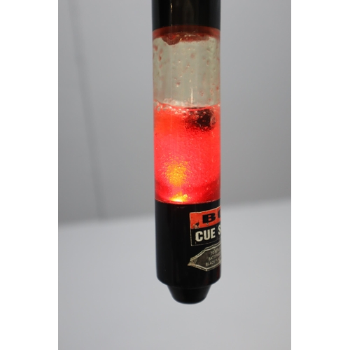 508 - A BCE Aqua Strobe Light Up Pool Cue, With Three Chalks. In Case, Lights Up When Tested