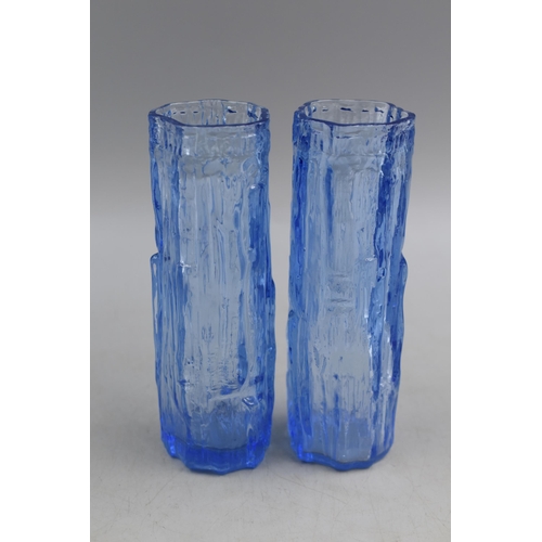 261 - A Pair of Retro Blue Glass Ravenhead Bark Effect Vases, Approx 6.5” Tall