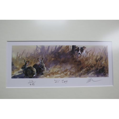 648 - Set of three limited edition (574 of 850) signed terrier watercolour prints by Mick Cawstonin wood f... 