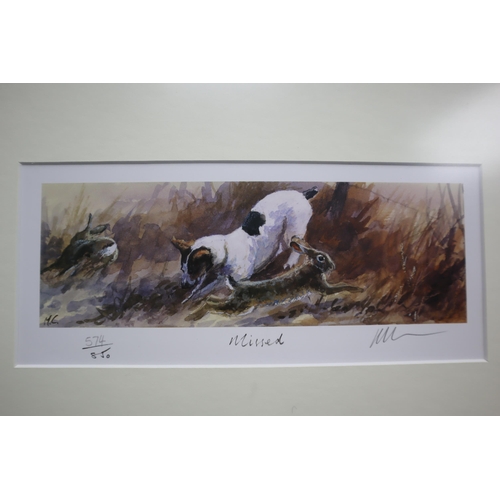 648 - Set of three limited edition (574 of 850) signed terrier watercolour prints by Mick Cawstonin wood f... 