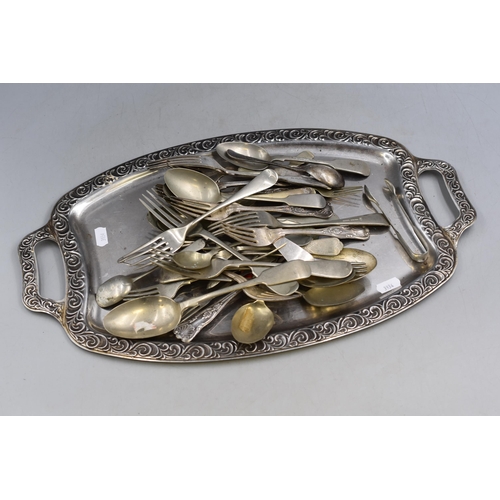 748 - Decorated Silver Plated Tray with a Selection of Cutlery, includes Silver