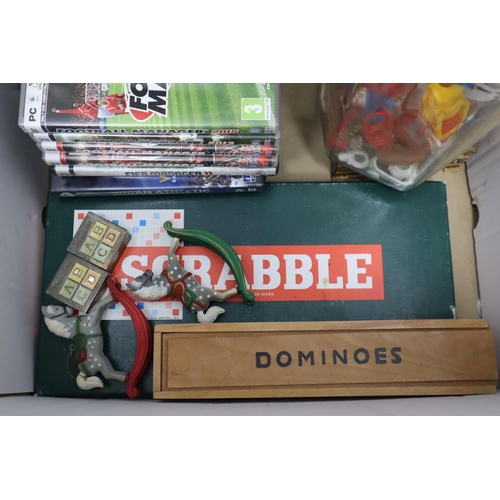 820 - Mixed lot to include Wigan and Football manager DVDs, scrabble, dominoes, baby boxes, glasses and mo... 