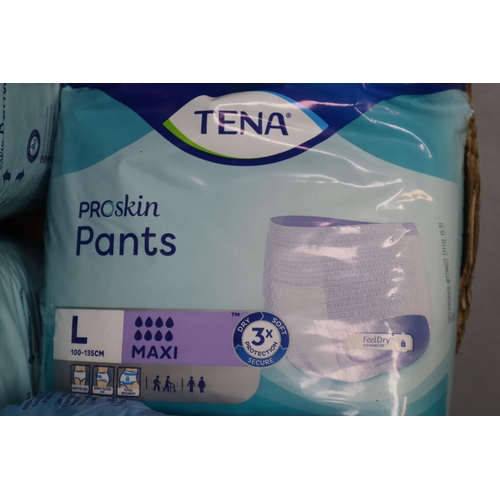 847 - Four New Packs of Tena Pro Skin L Maxi and an Open Pack of Tena Plus XL Pants