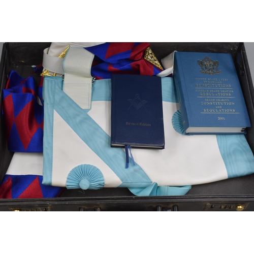 727 - Case Containing Masonic Regalia items to include Sashes, Ritual Book, Regulations Book and more