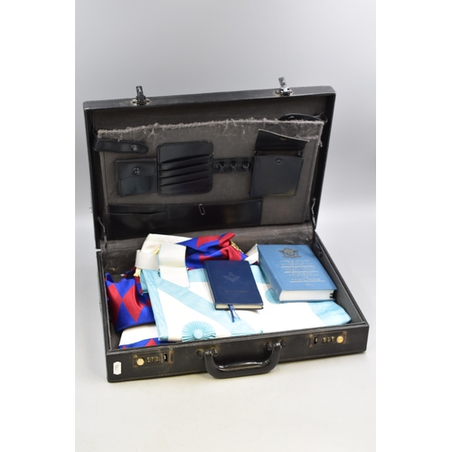 727 - Case Containing Masonic Regalia items to include Sashes, Ritual Book, Regulations Book and more