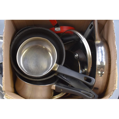 735 - Large selection of mainly stainless steel pans