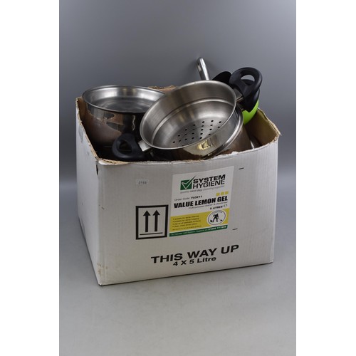 735 - Large selection of mainly stainless steel pans