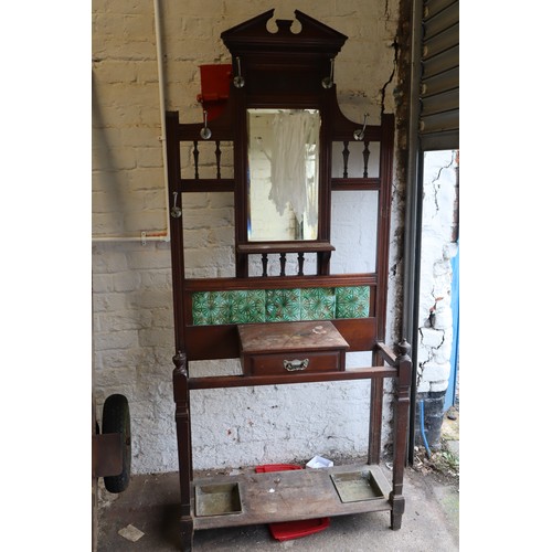 563B - Victorian Oak Hat, Coat and Umbrella Stand with Vanity Mirror and One Drawer Storage and decorated w... 