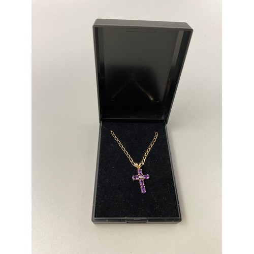 12A - Hallmarked 375 (9ct) Gold Amethyst Cross Pendant Necklace Complete with Presentation Box (Weight 3.5... 