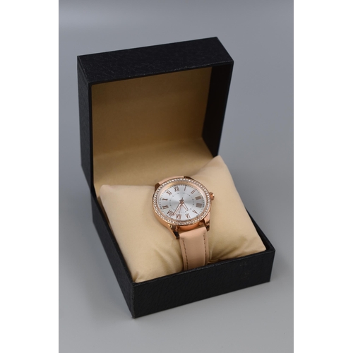 105 - Ladies Diamante Bezelle Watch with Leather Strap Complete with Box