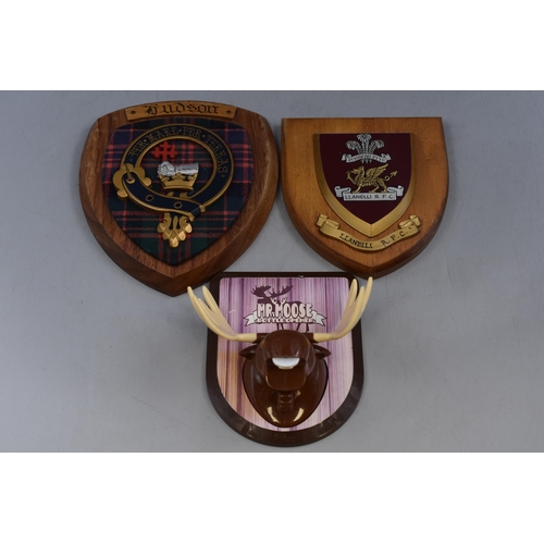 233 - Three Wall Plaques with Heraldic Bages and a Moose Head Bottle Opener