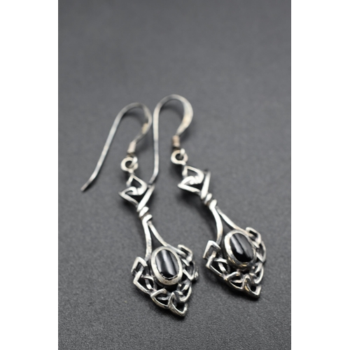 3 - Pair of Silver 925 Celtic Drop Earrings with Black Stone