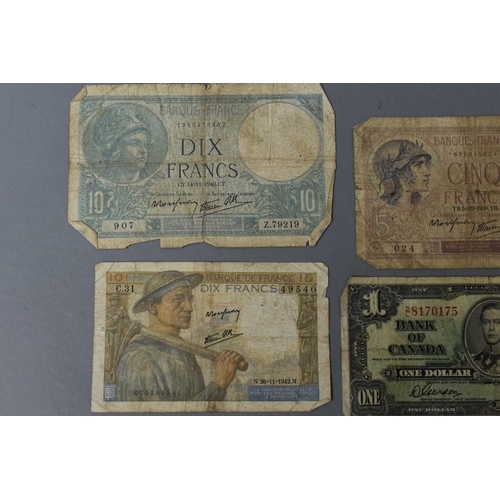 18A - Mixed Selection of Old Banknotes, includes Canada, Egypt, Malta, France and more