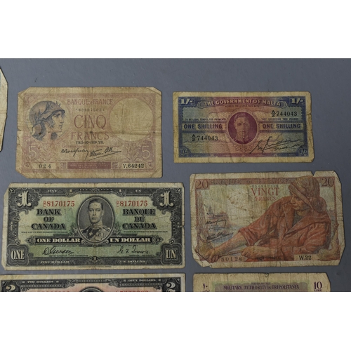 18A - Mixed Selection of Old Banknotes, includes Canada, Egypt, Malta, France and more