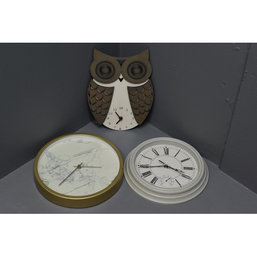 73 - Three Clocks to include Owl Clock (working)