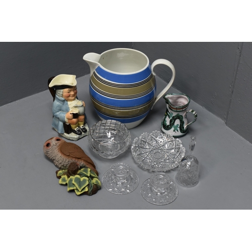 Mixed Selection to include Stuart Crystal Candle Holders, Large Blue Stripe Jug, Toby Jug, Tintagel Jug, Heavy Owl Wall Hanging and a Selection of Glass