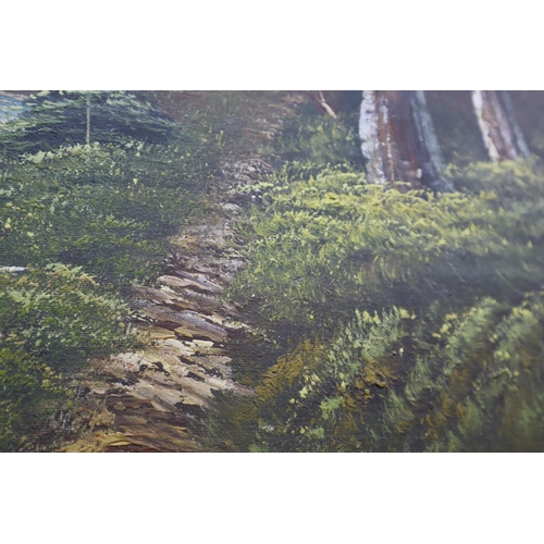 308 - An oil on canvas woodland scene by Irene Cafieri in a gold embossed frame measuring 27