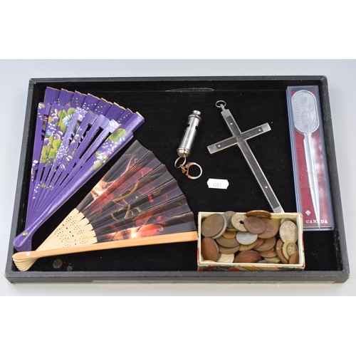 76 - A Mixed Selection To Include Worldwide Coinage (Includes Silver), Police Whistle, Two Fans and More