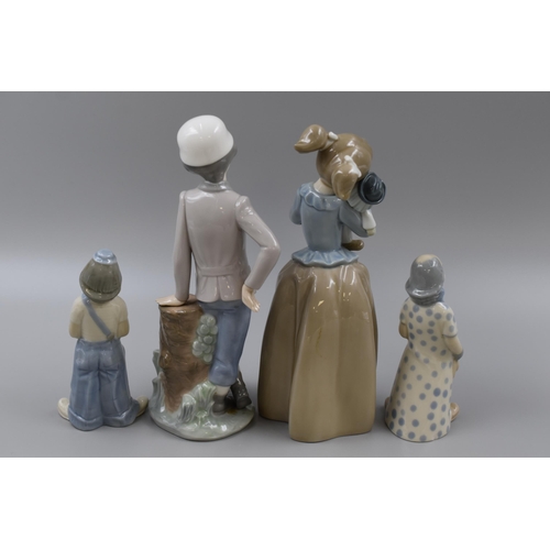 240 - Two Porcelain Nao Figures and Two Spanish Style Porcelain Clown Figures. Includes Girl With Clown, A... 