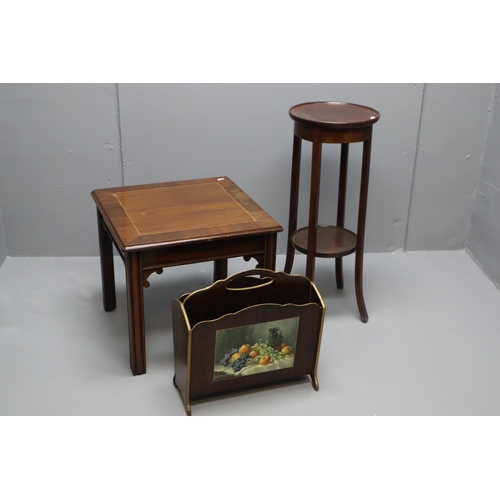 544 - Magazine Rack, Mahogany Occasional Table, and two Tier Plant Stand