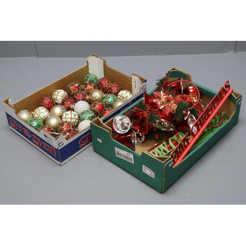 886 - Two Boxes of Quality Christmas Decorations including Large Baubles, Hanging Bells and Merry Christma... 