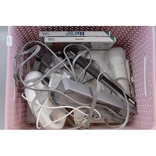 832 - Selection of Wii Items Including Wii Console (Powers On When Tested), Controllers, Monopoly, The Las... 