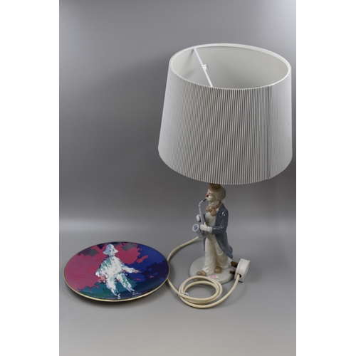 171 - Spanish Porcelain Clown Lamp with Shade and a Royal Doulton Ed. Pierrot Plate