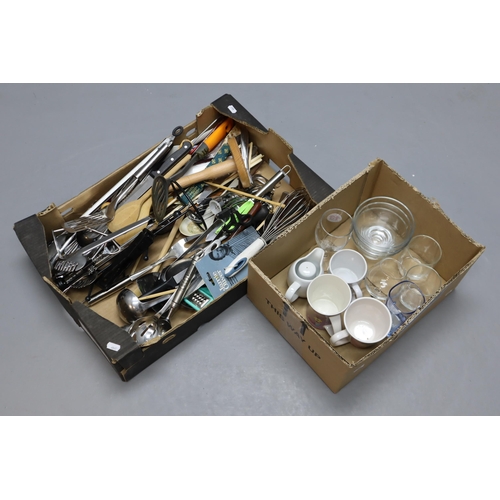 814 - Two Boxes to include a Large Selection of Kitchen Utensils, Cutlery, Mugs and Glasses