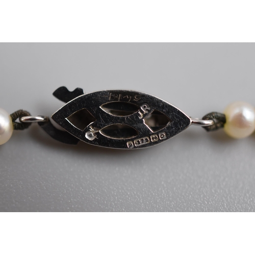 26 - A Hallmarked Birmingham 9ct White Gold Diamond Stoned Clasp Pearl Necklace, In Presentation Box With... 