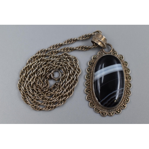 37 - Vintage Silver 925 Black Stoned Pendant with Thick Chain (3.5cm long)