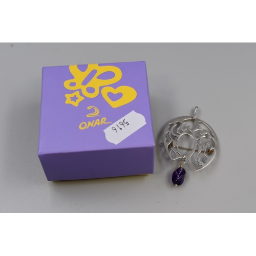 69 - An Onar 925. Silver Amethyst Stoned Brooch, In Presentation Box